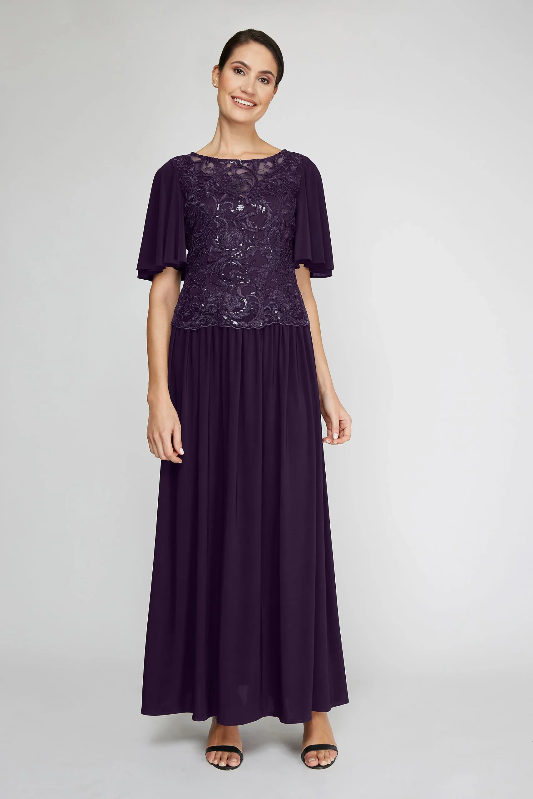 Flutter Sleeve Sequin Lace Flowy Dress