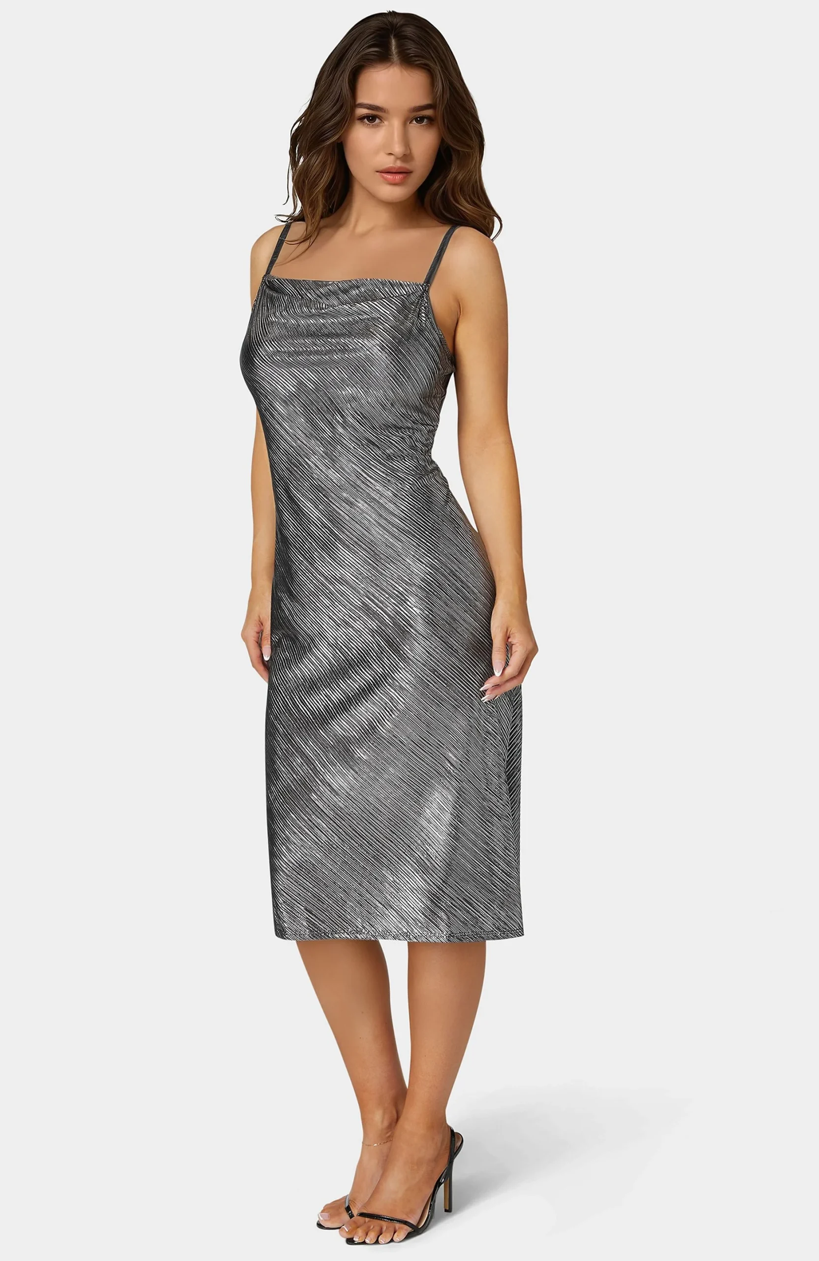 Foil Pleat Cowl Midi Dress