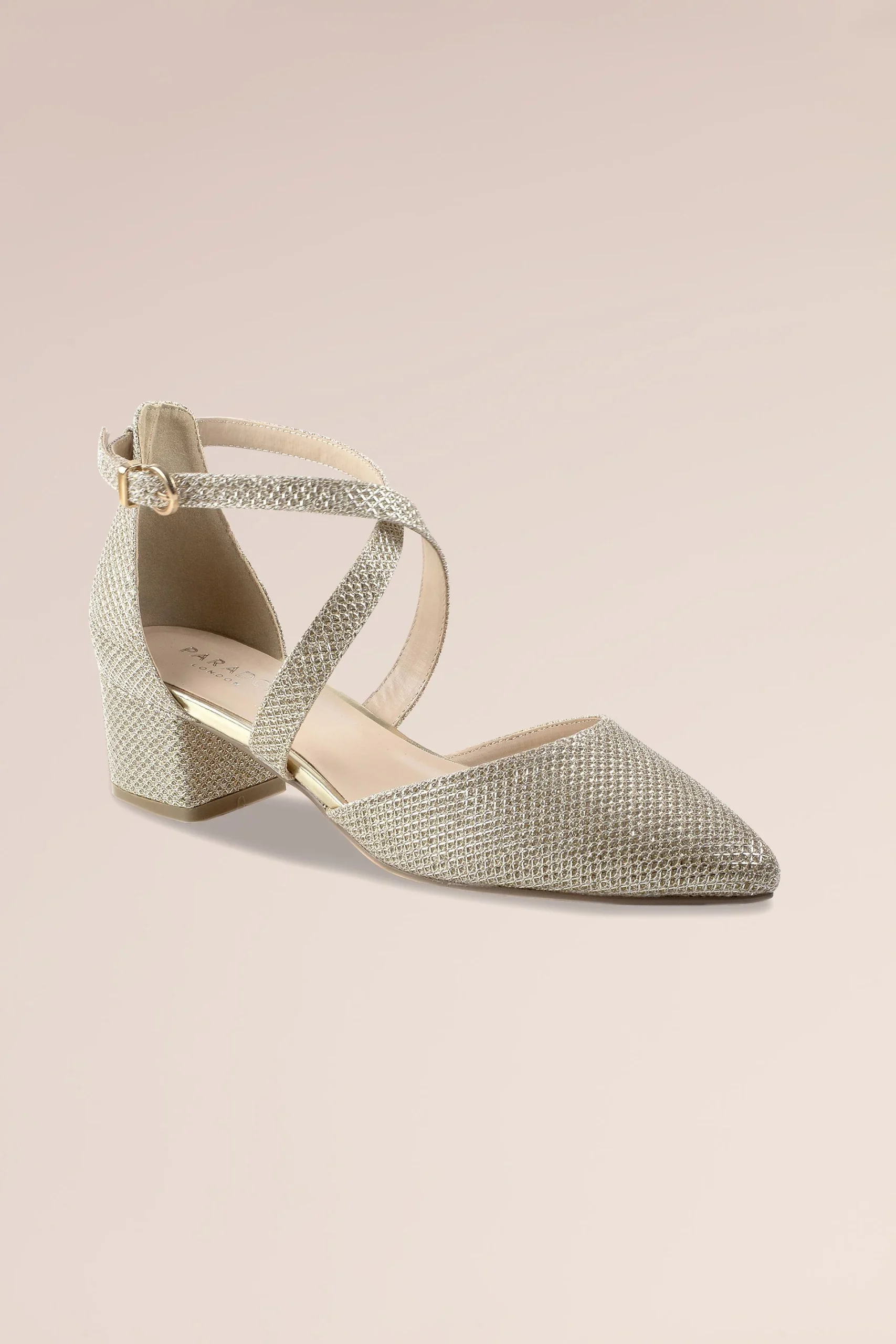 Francis Shimmer Crisscross Strap Block Heels