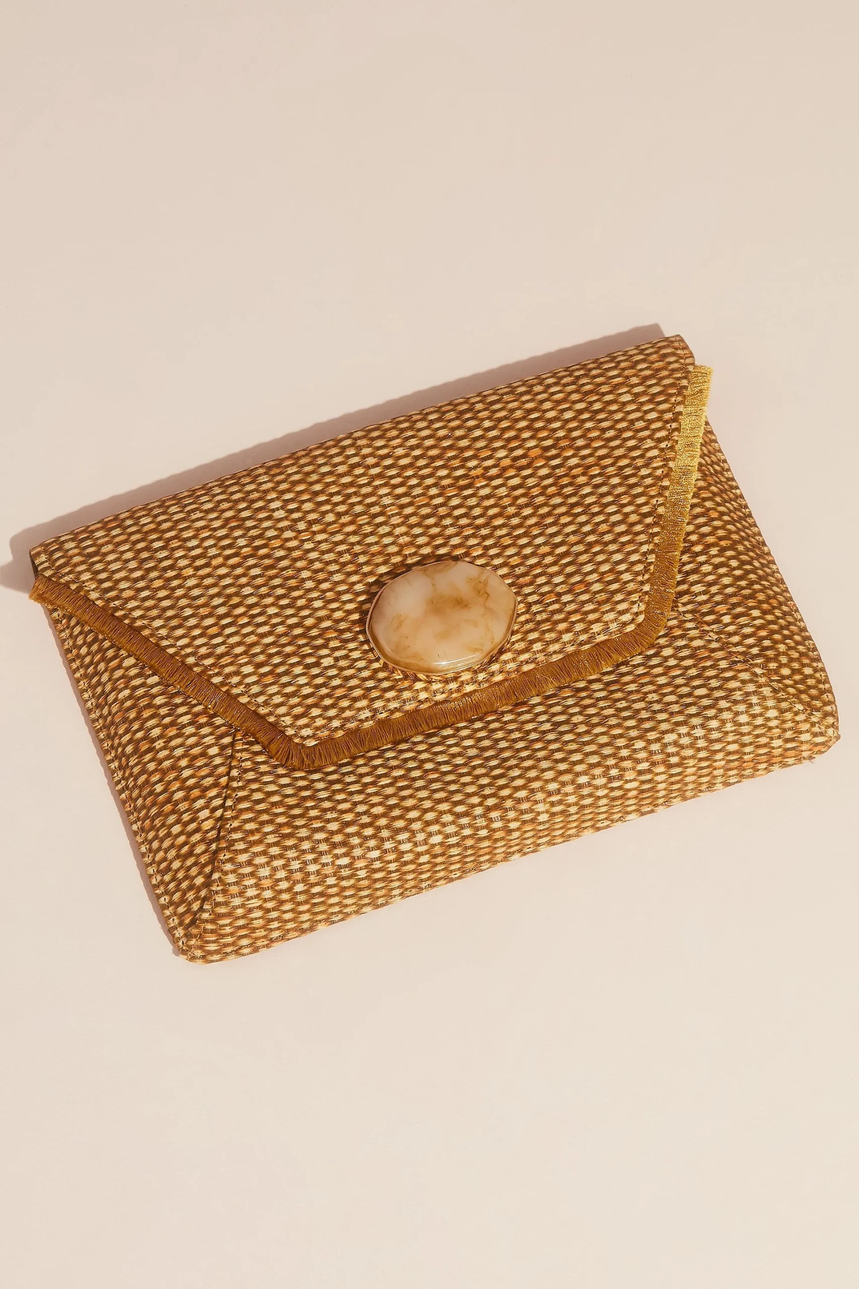 Fringed Raffia Envelope Clutch with Gem Clasp