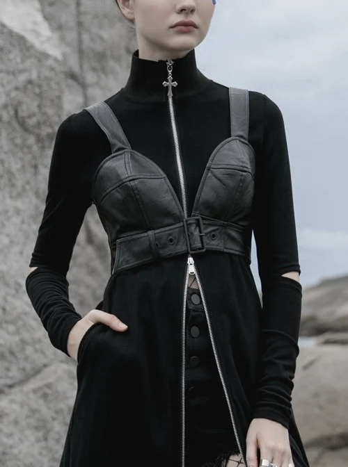 Front Adjustment Button Black Punk PU Leather Corset