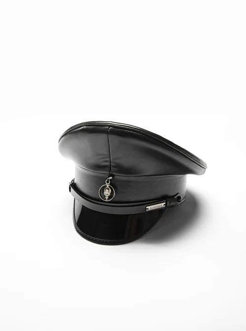Front Center Metal Pendant Black Punk PU Leather Texture Hat