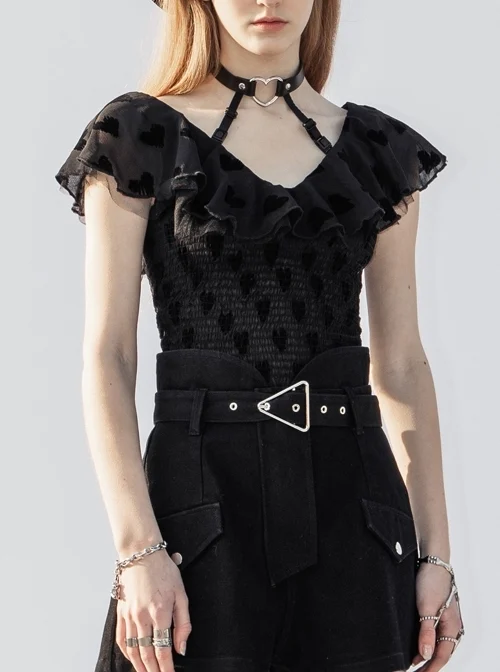 Front Chest Flounce Short Sleeve Black Gothic Heart-Shape Print Leather Halter Chiffon T-Shirt