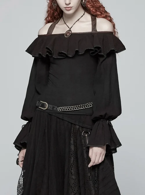 Front Chest Frill Lantern Sleeves Lace-Up Black Punk Halter Handmade Inkjet Blouse