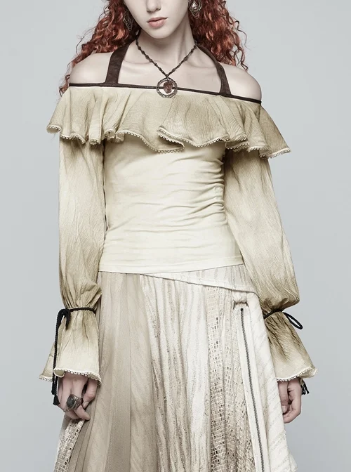 Front Chest Frill Lantern Sleeves Lace-Up White Punk Halter Handmade Inkjet Blouse