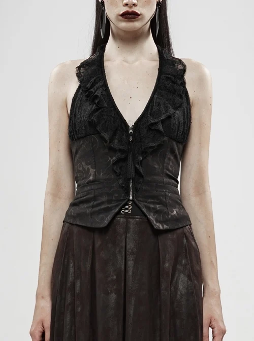 Front Chest Lace Frill Metal Zipper Back Waist Lace-Up Black Gothic Hanging Neck Vest