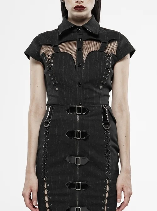 Front Chest Splice Mesh Metal Buckle Strap Short Sleeve Back Waist Lace-Up Black Punk Blouse