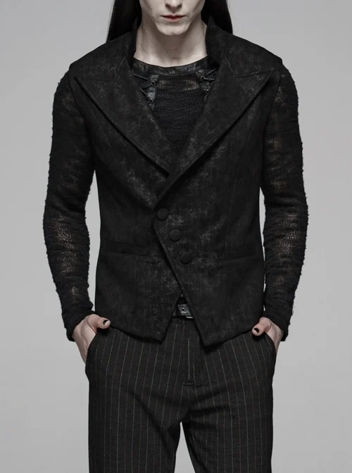 Front Diagonal Row Buttons Back Waist Hasp Black Gothic Floral Suede Waistcoat