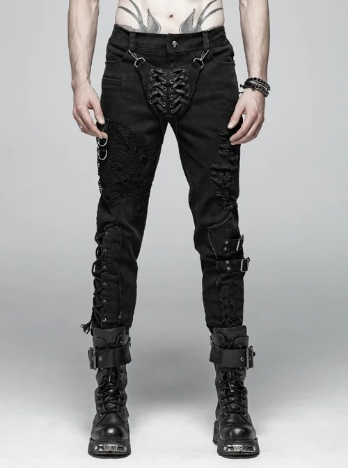 Front Flap Lace-Up Leather Legs Loop Splice Broken Holes Mesh Side Metal Ring Hasp Black Punk Trousers