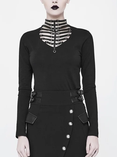 Front Hollow-Out Leather Buckle Loops Neckline Long Sleeves Black Punk Tight Knit T-Shirt