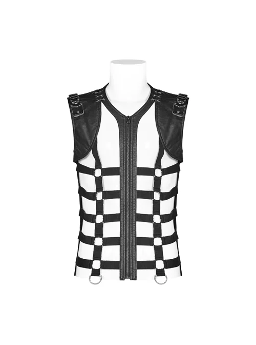 Front Hollow-Out Leather Straps Shoulder Metal Hasp Black Punk Knit Vest