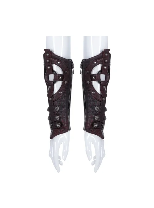 Front Hollow-Out Metal Ring Strap Lace-Up Wine Red Punk Imitation Crocodile PU Gloves
