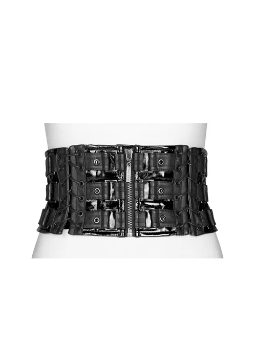 Front Metal Buckle Zipper Back Waist Lace-Up Black Punk Patent Leather Girdle