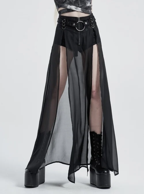 Front Metal Buckle Zipper Fake Two Pieces Black Knit Twill Splice Perspective Chiffon Punk Skirt