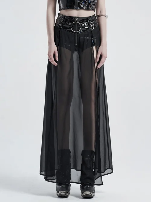 Front Metal Buckle Zipper Fake Two Pieces Black PU Leather Splice Perspective Chiffon Punk Skirt