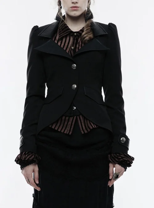 Front Metal Button Long Sleeve Vented Flap Slit Hem Black Punk Jacket
