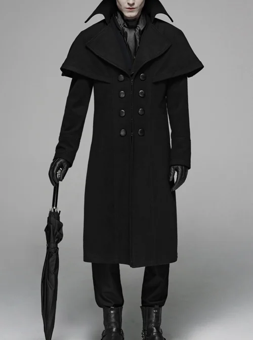 Front Metal Button Shoulder Cloak Back Waist Hasp Black Gothic Coat