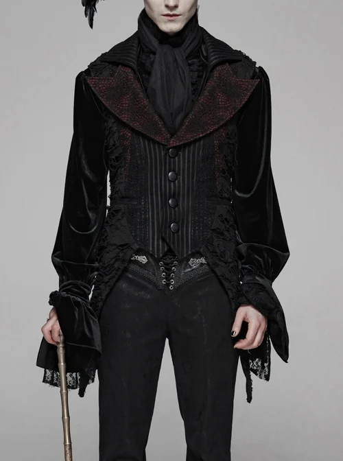 Front Metal Button Side Splice Dark Red Broken Holes Mesh Sharp Corner Hem Black Gothic Stripe Vest