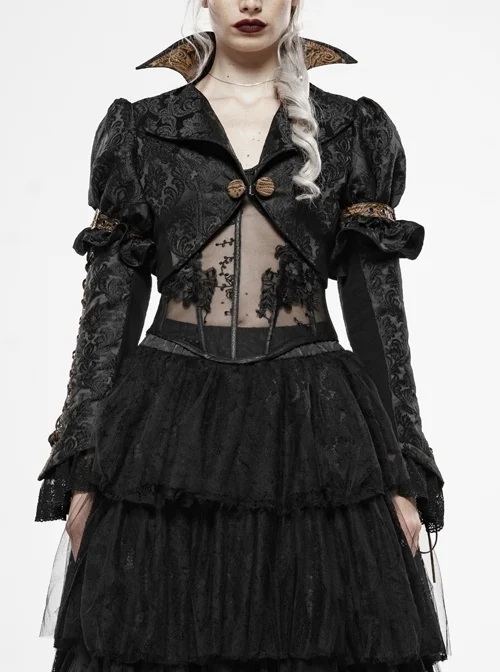 Front Retro Button Slit Lace-Up Long Sleeve Lace Cuff Black Punk Three-Dimensional Jacquard Short Coat