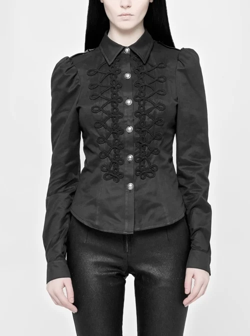 Front Retro Continuous Buttonhole Loop Long Sleeve Slit Cuff Black Gothic Twill Shirt