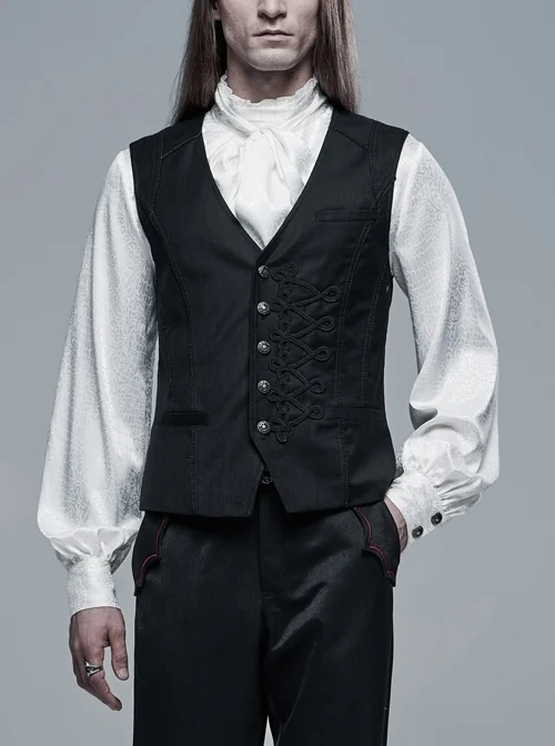 Front Retro Metal Button Embroidery Ribbon Decoration Black Gothic Vest