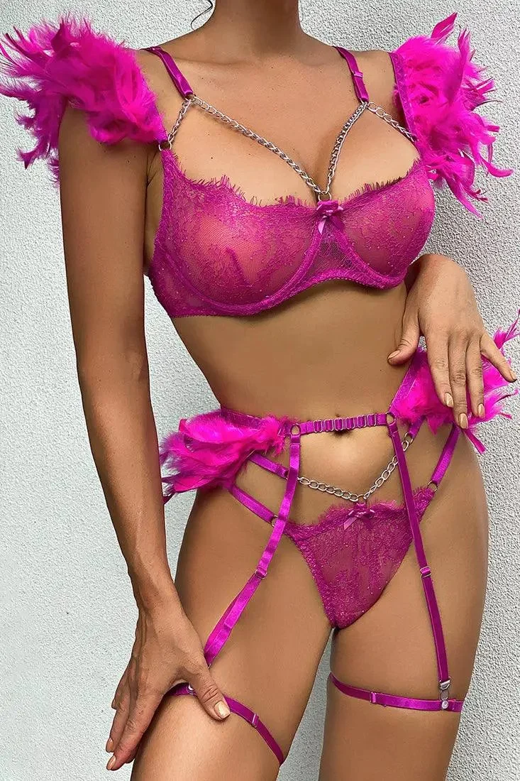 Fuchsia Feather Sheer Lace Chain Detail Lingerie 3 Pc Set