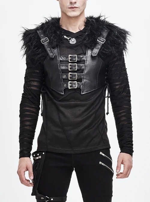 Fur Shawl Chest Loop Side Lace-Up Black Punk Leather Waistcoat