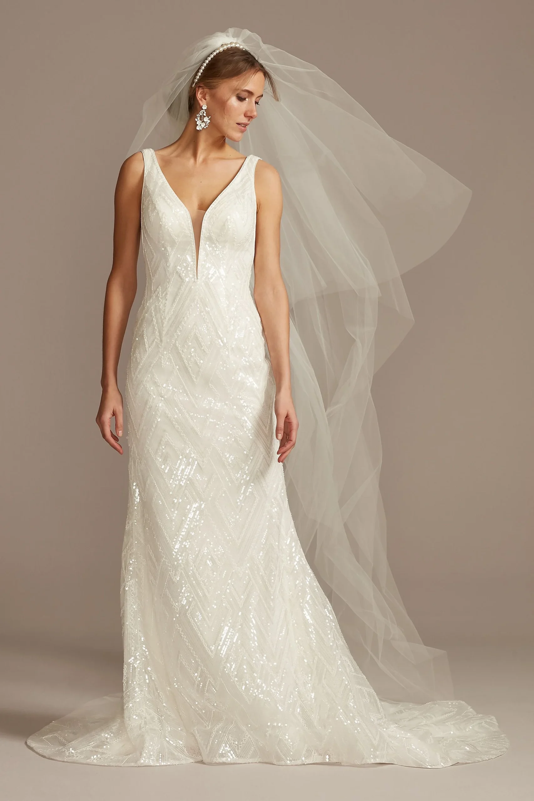Geometric Beaded Illusion Plunge Wedding Dress