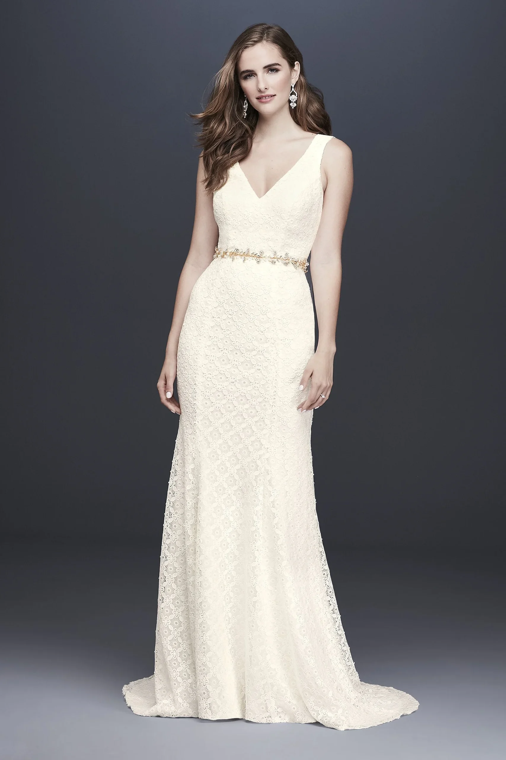 Geometric Lace V-Neck Sheath Wedding Dress
