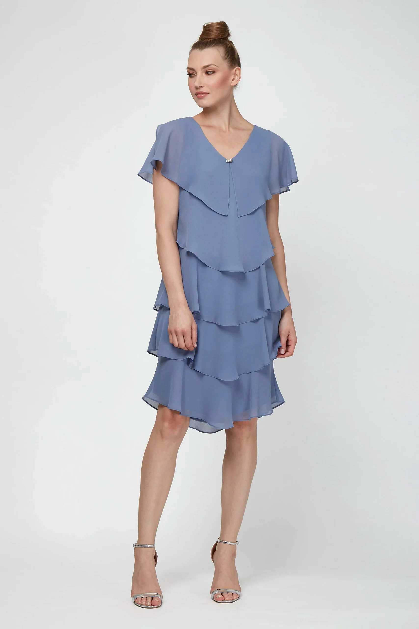 Georgette Tiers Capelet Dress with Crystal Closure