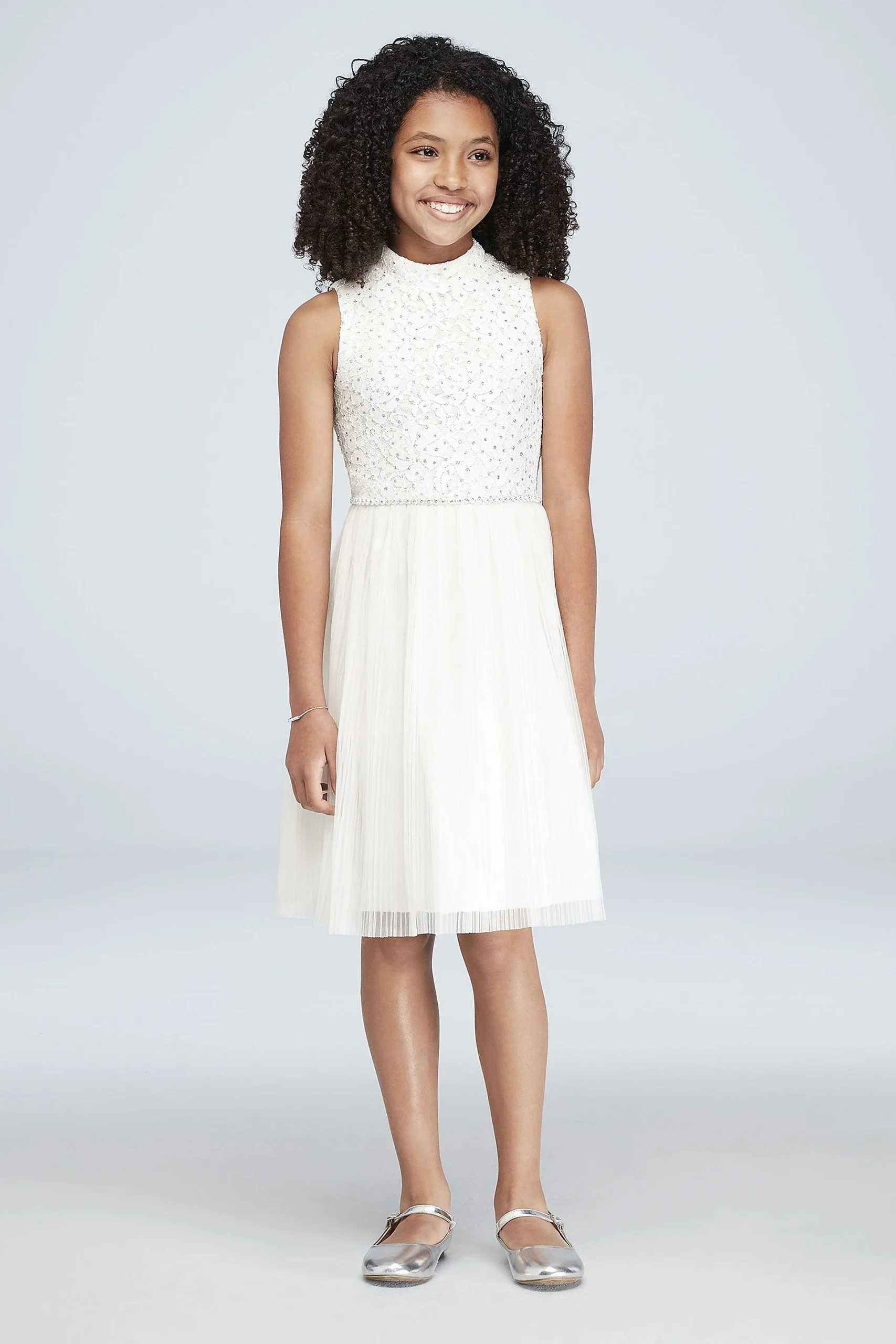 Girls High-Neck Glitter Lace Pleated Dress