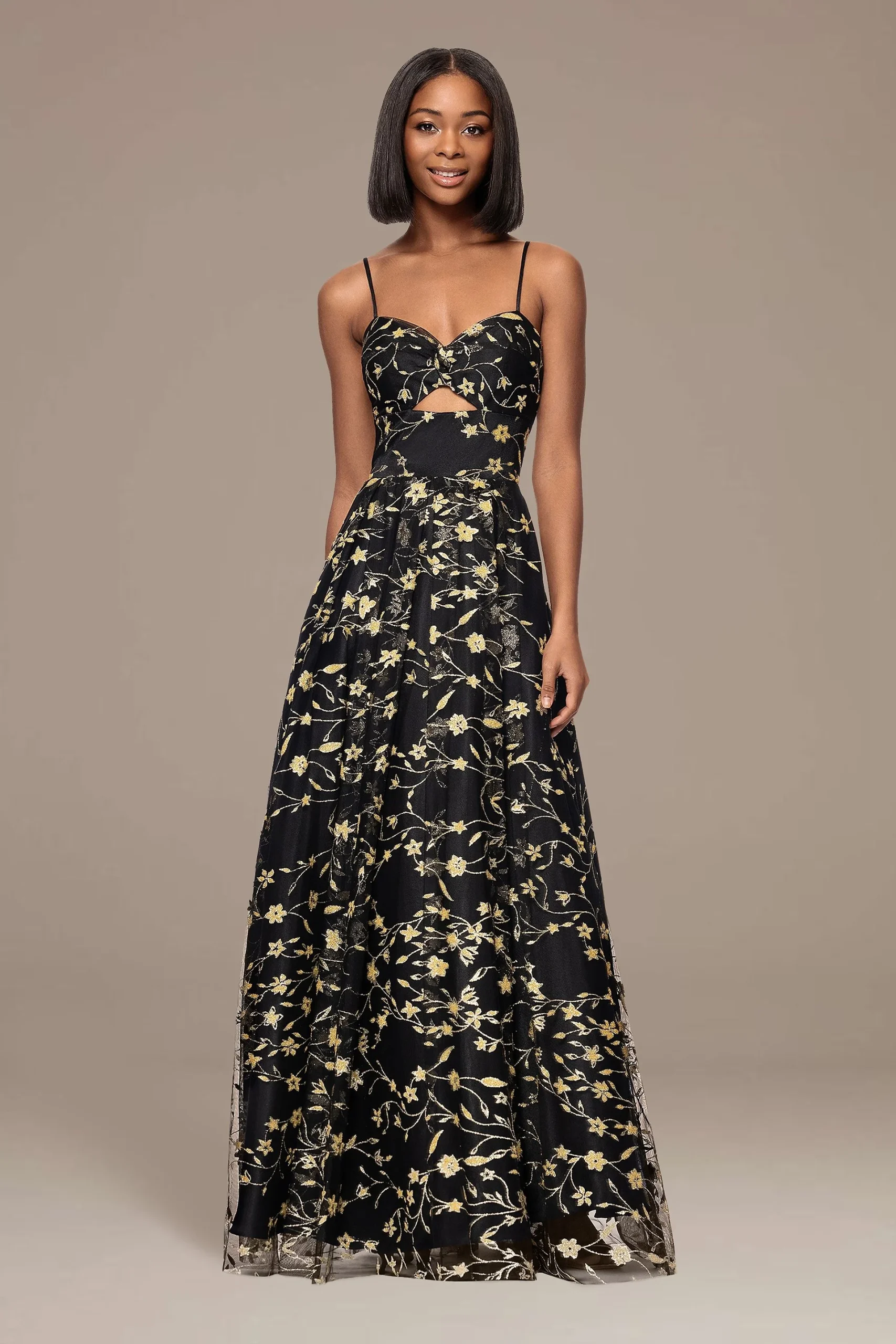 Glitter Floral Print Ball Gown with Bodice Cutout