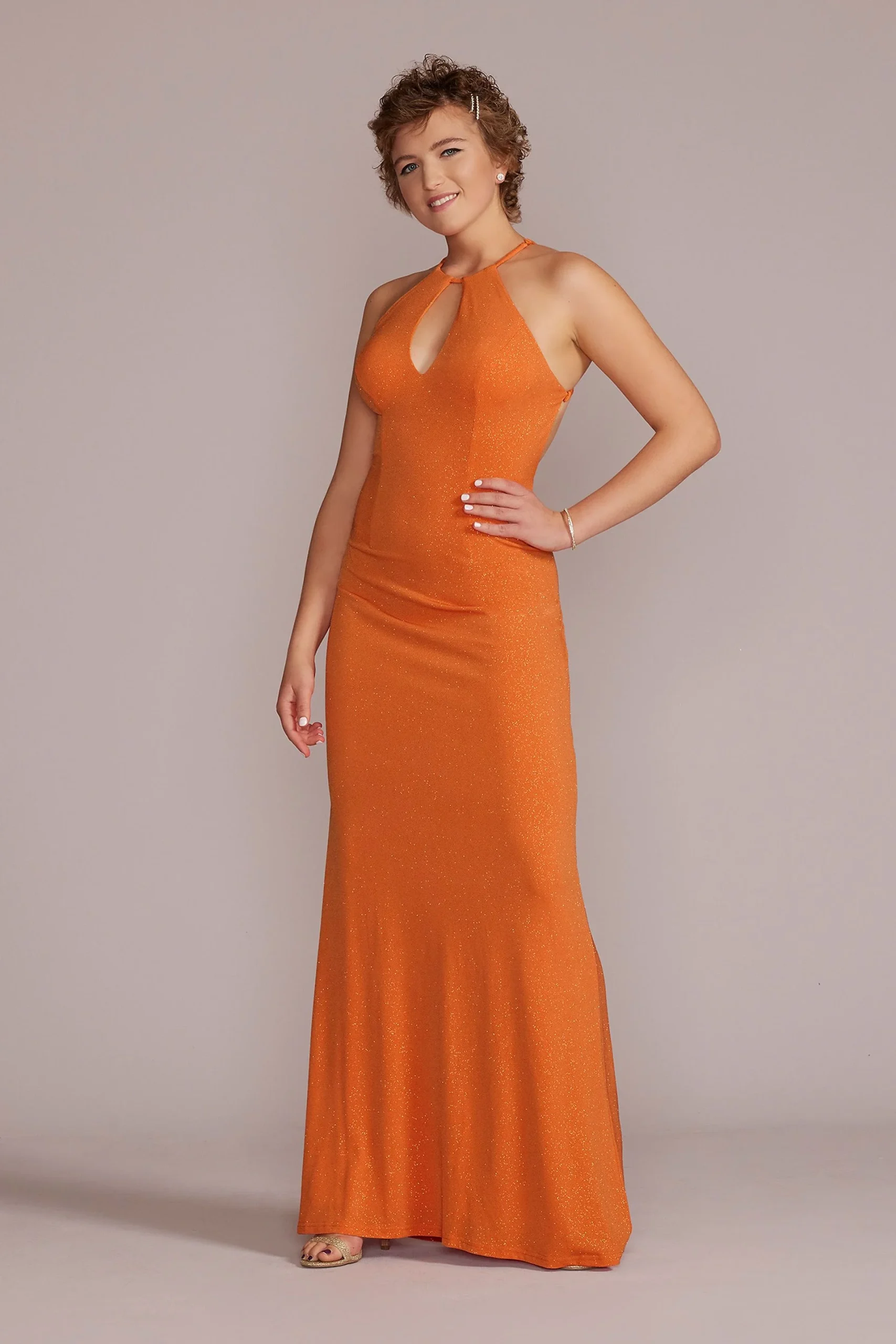 Glitter Knit Halter Sheath Gown with Keyhole
