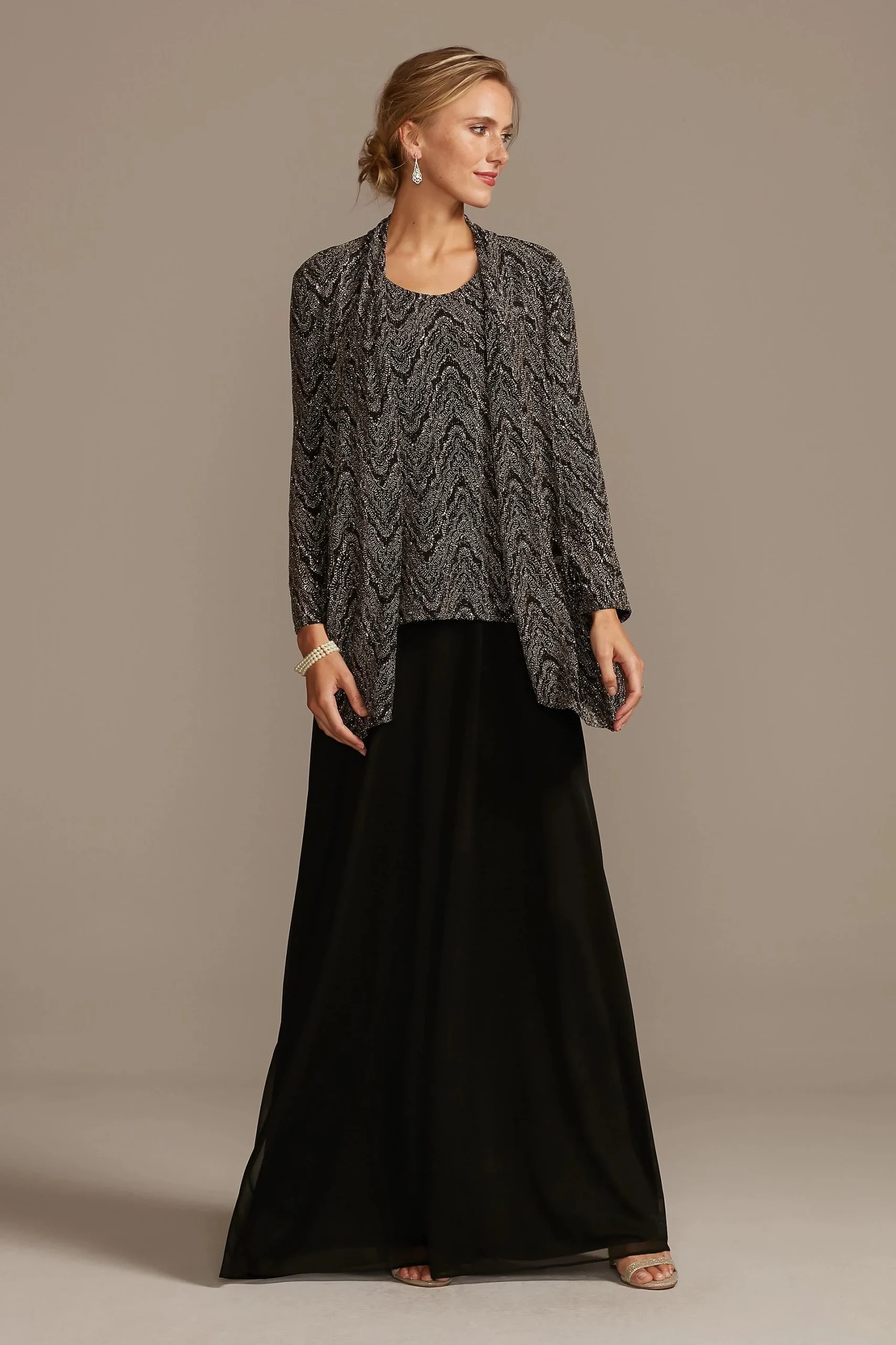 Glitter Knit Zigzag Open Jacket and Dress Set