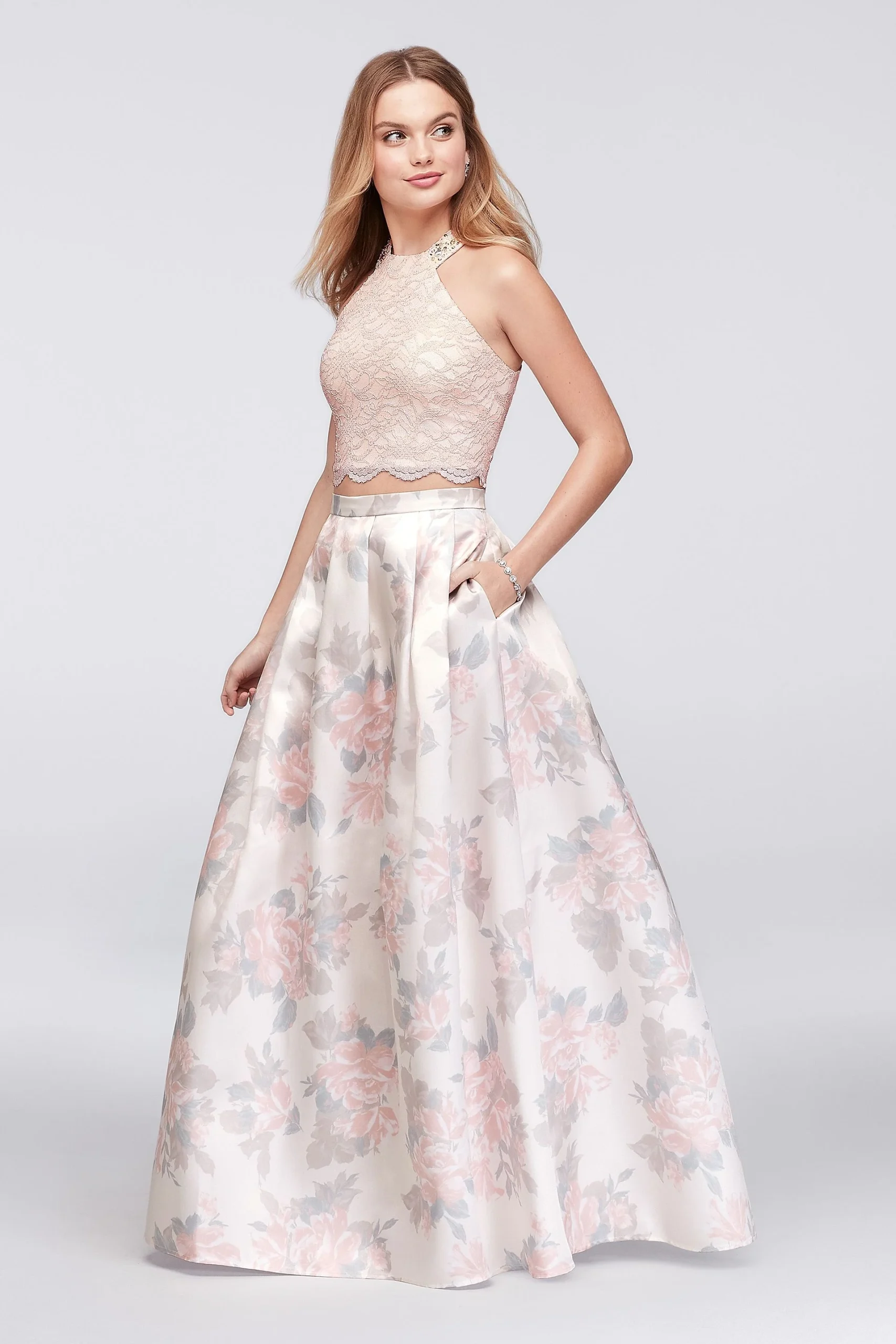 Glitter Lace and Floral Mikado Two-Piece Dress