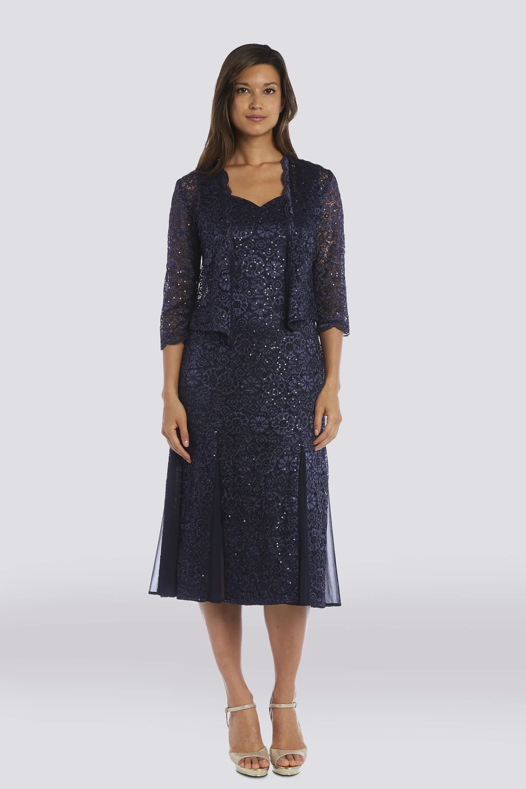Glitter Lace Godet Midi Dress with Jacket