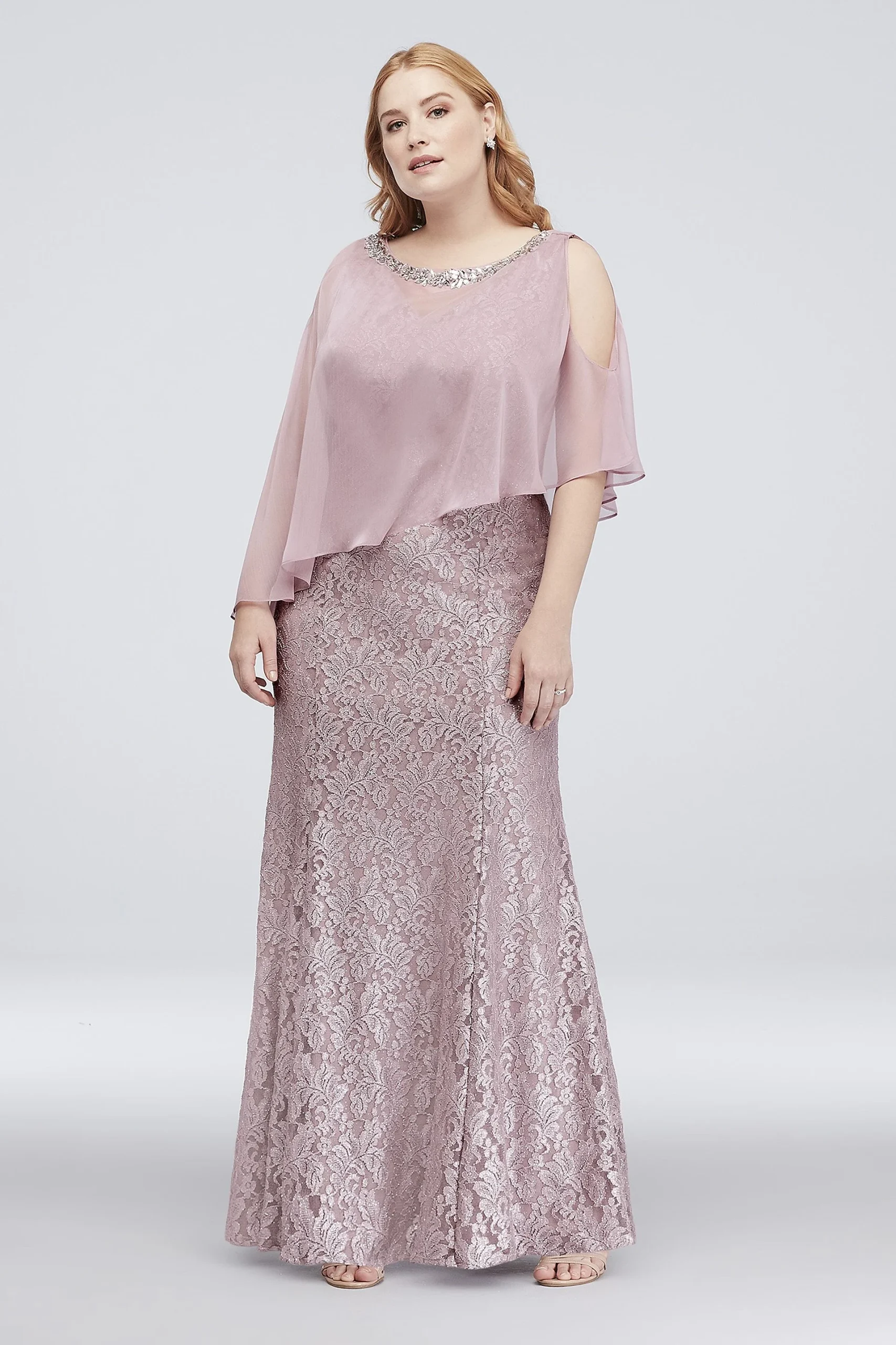 Glitter Lace Mermaid Dress with Chiffon Capelet