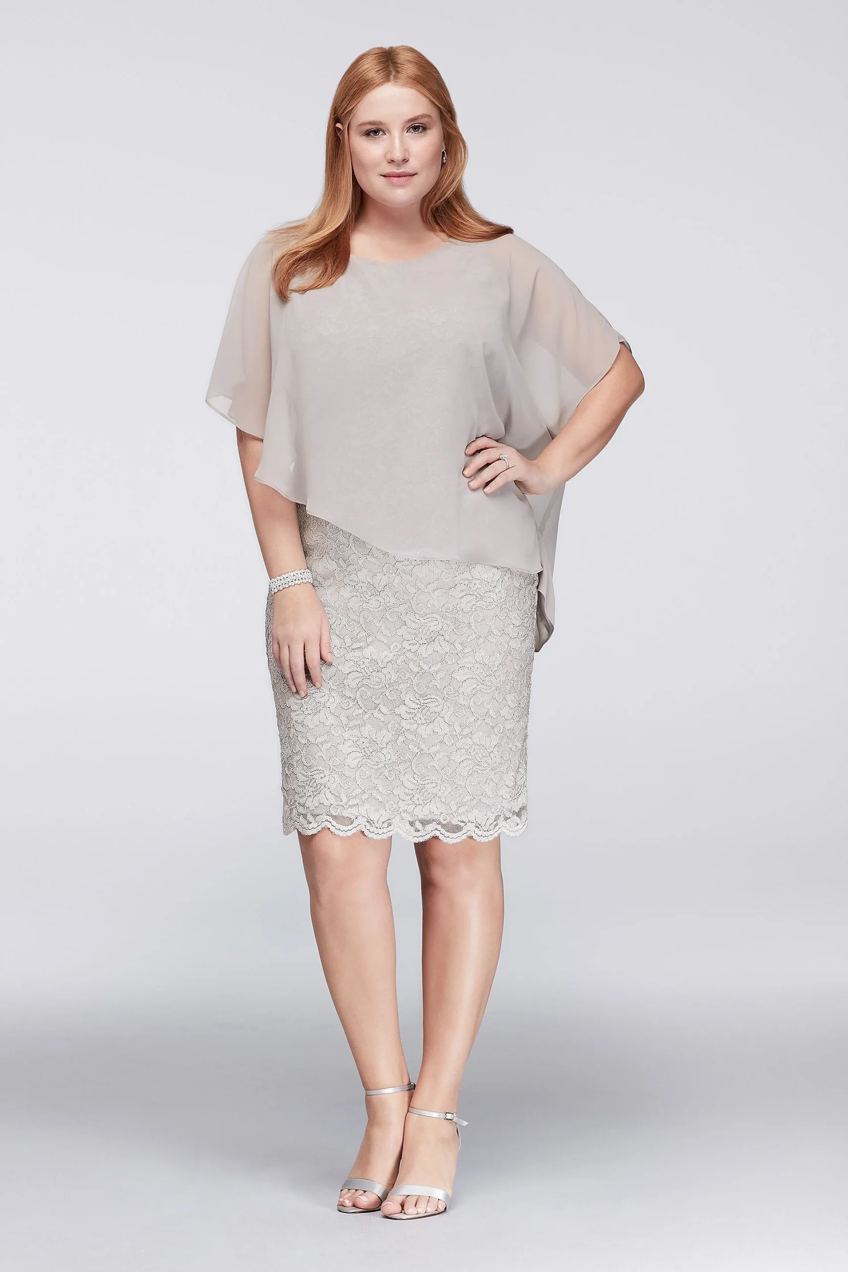 Glitter Lace Plus Size Sheath with Chiffon Capelet