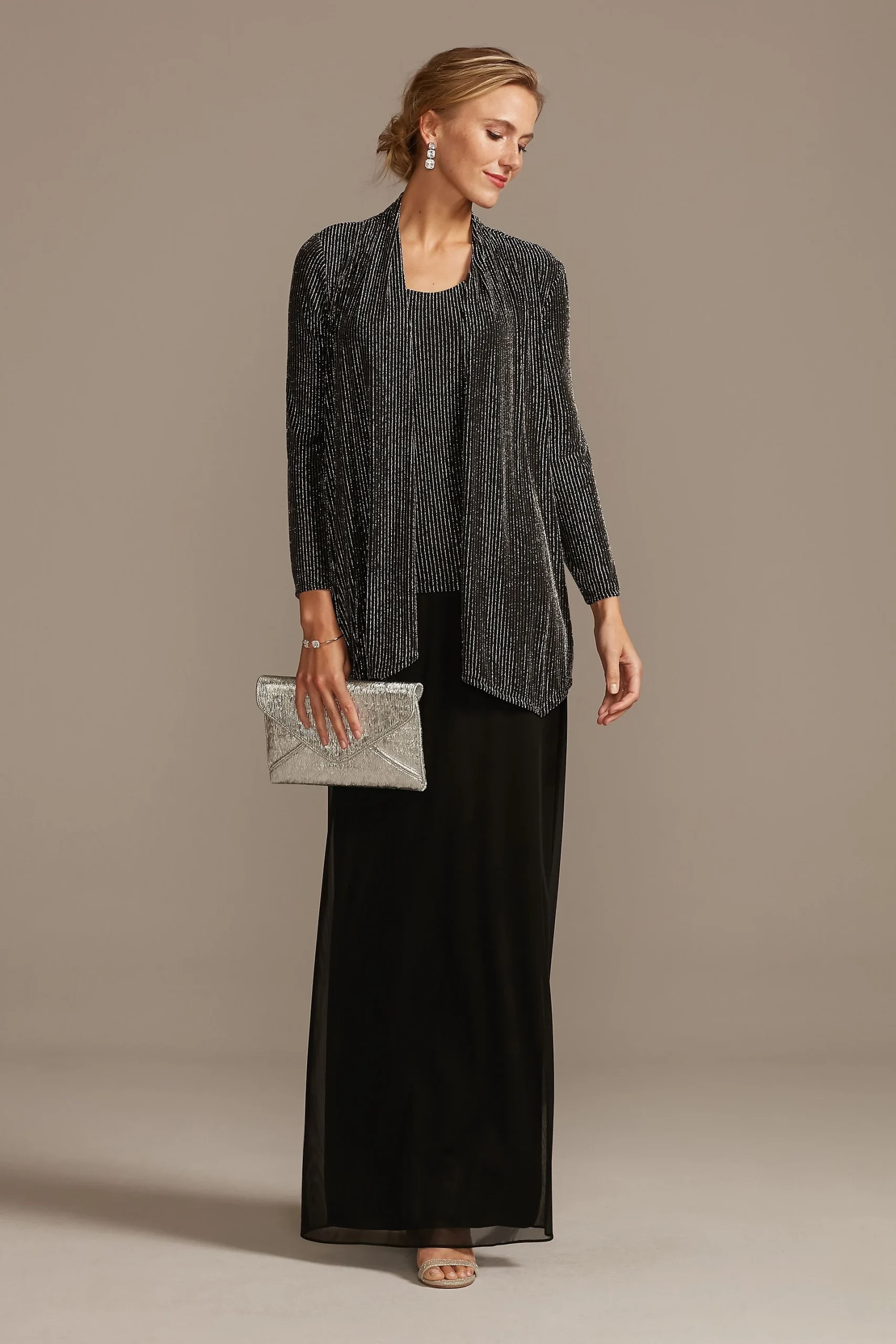 Glitter Metallic Stripe Open Jacket and Dress Set