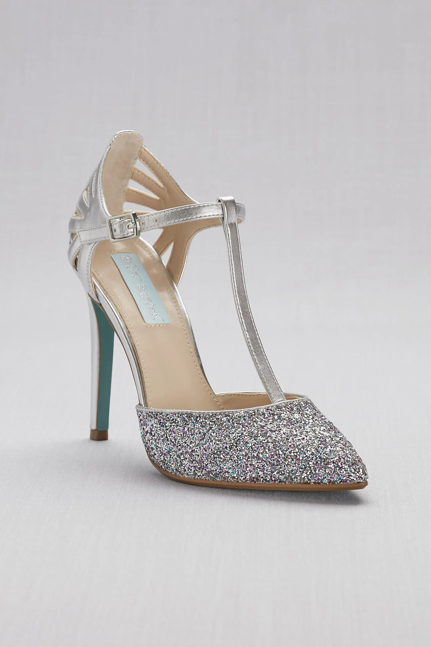 Glitter and Metallic T-Strap Pointed-Toe Pumps