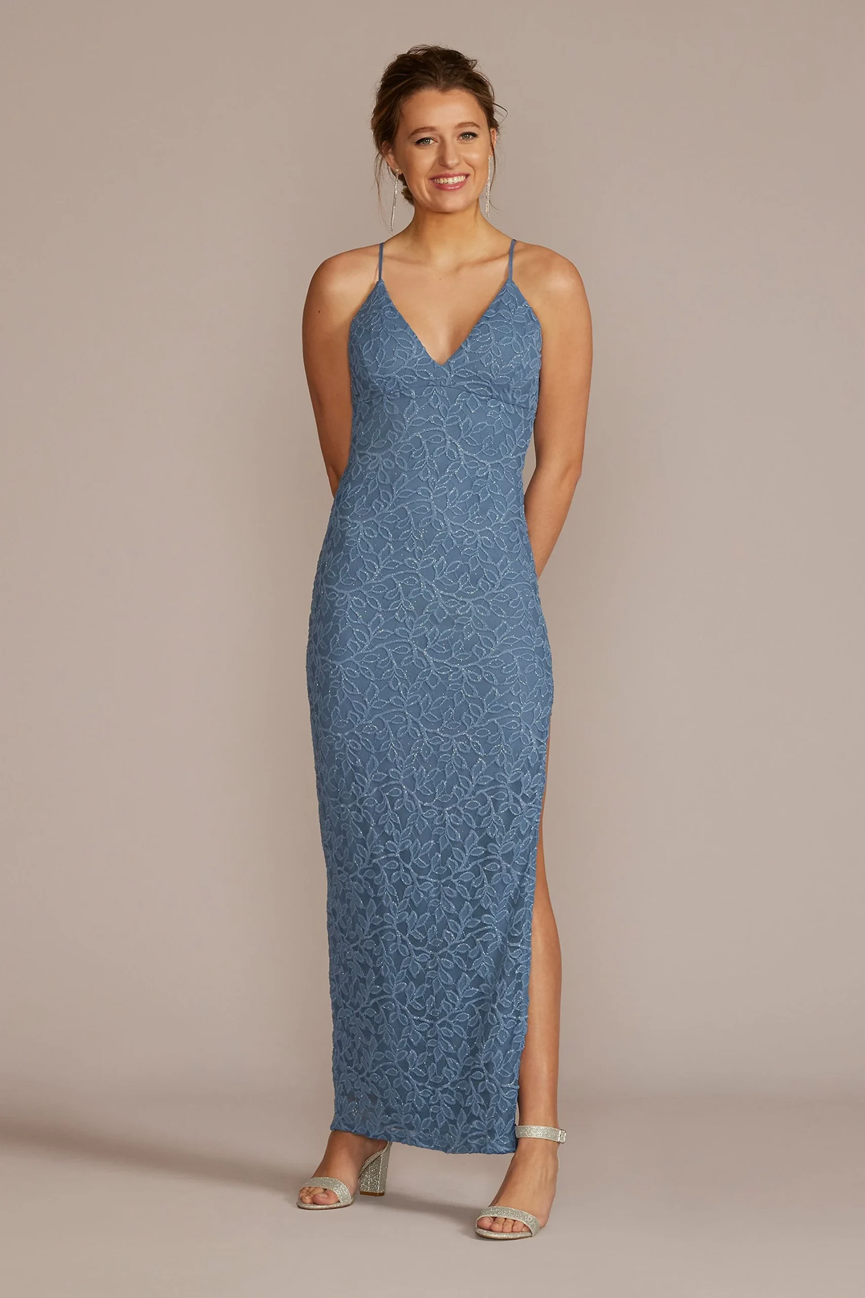 Glitter Stretch Lace V-Neck Sheath Gown