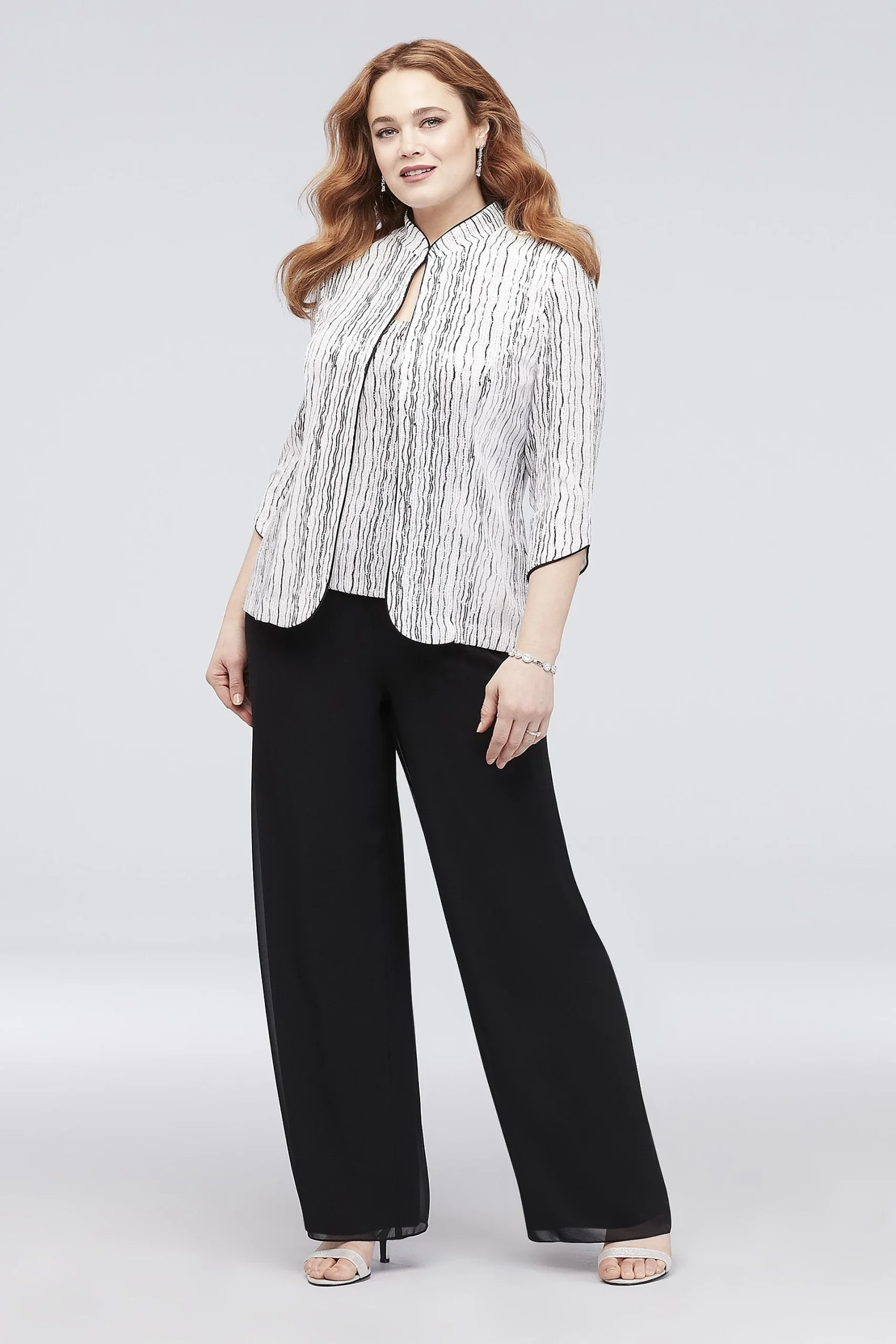 Glitter Stripe Plus Size Pantsuit with Piping