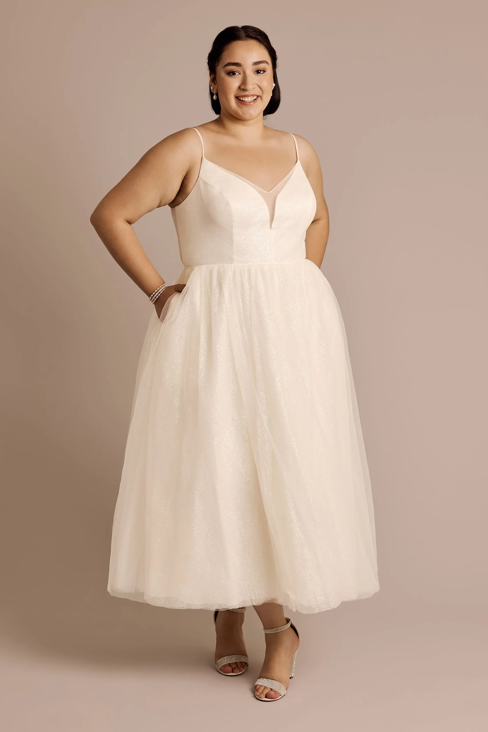 Glitter Tulle Tea-Length Dress with Button Back