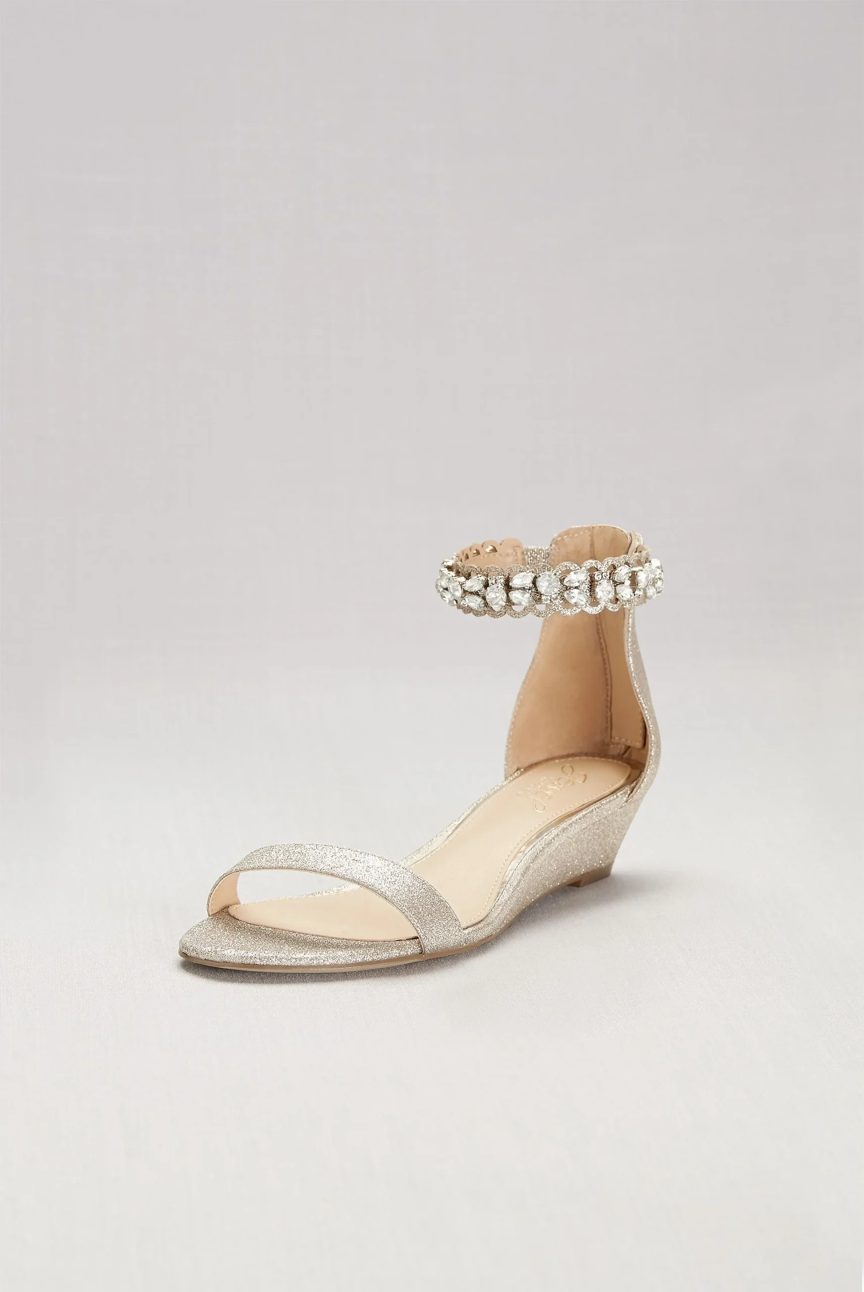Glittery Low Wedge Sandals with Jeweled Ankle