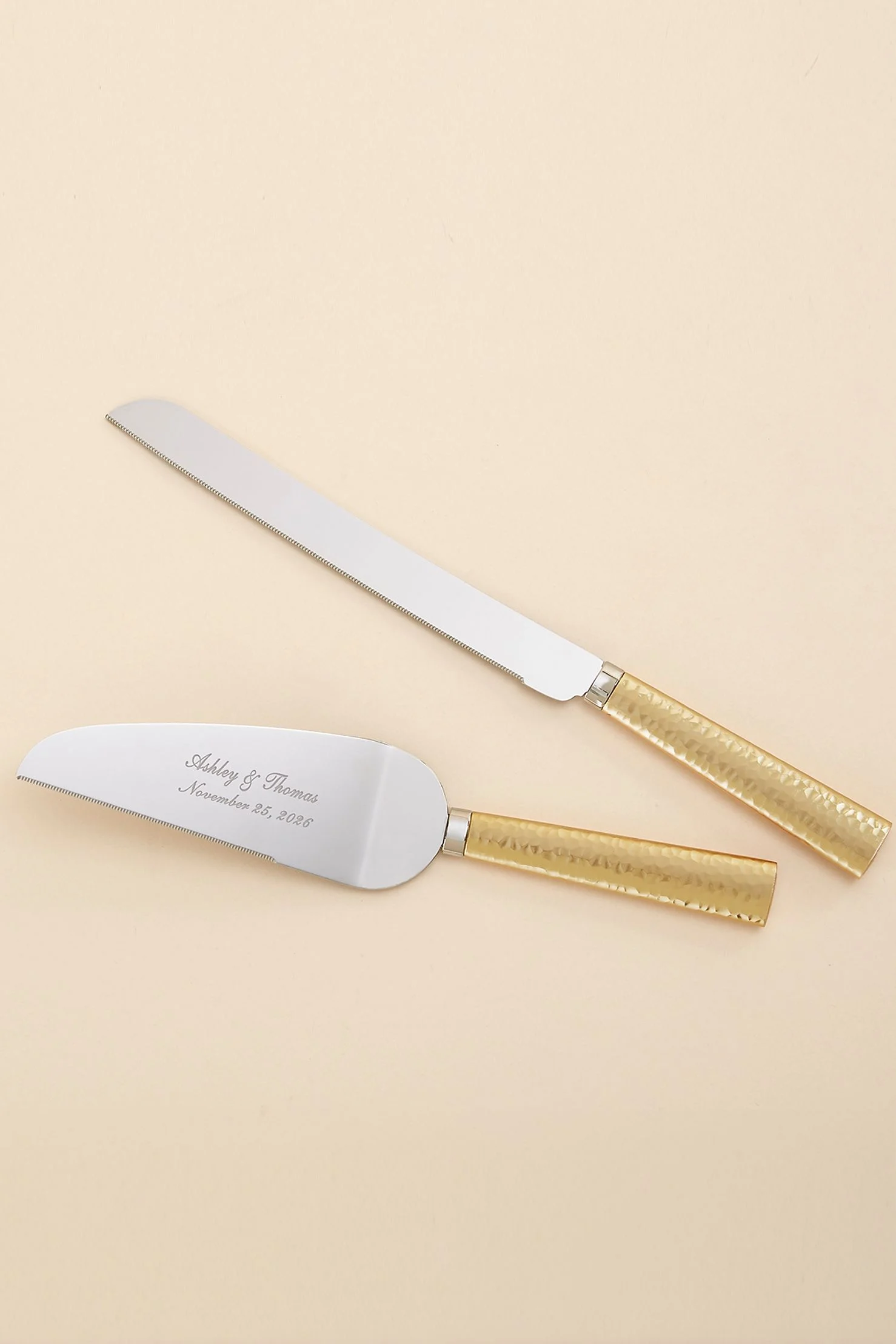 Gold Hammered Engraved Cake Knife Server Set