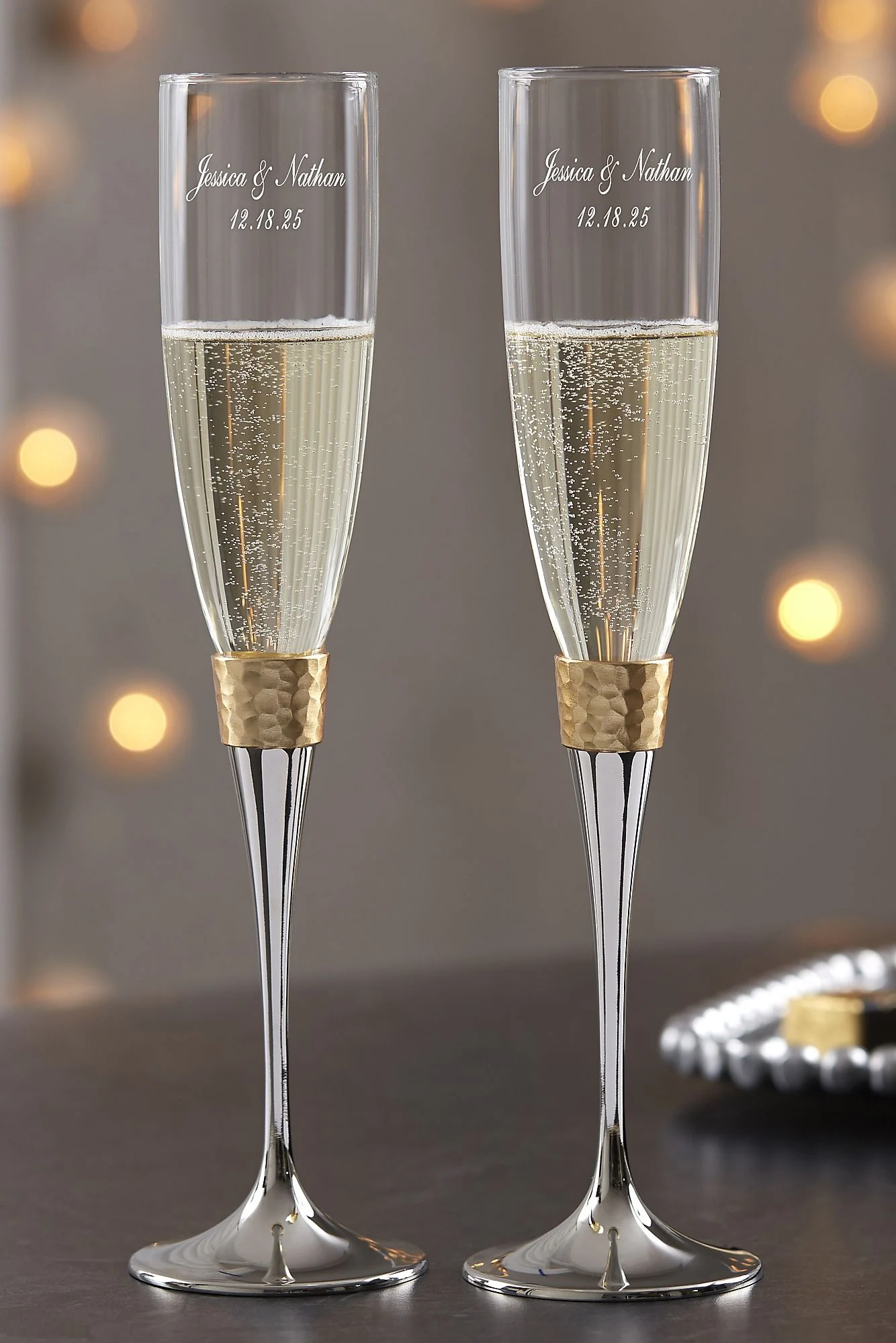 Gold Hammered Engraved Wedding Champagne Flute Set
