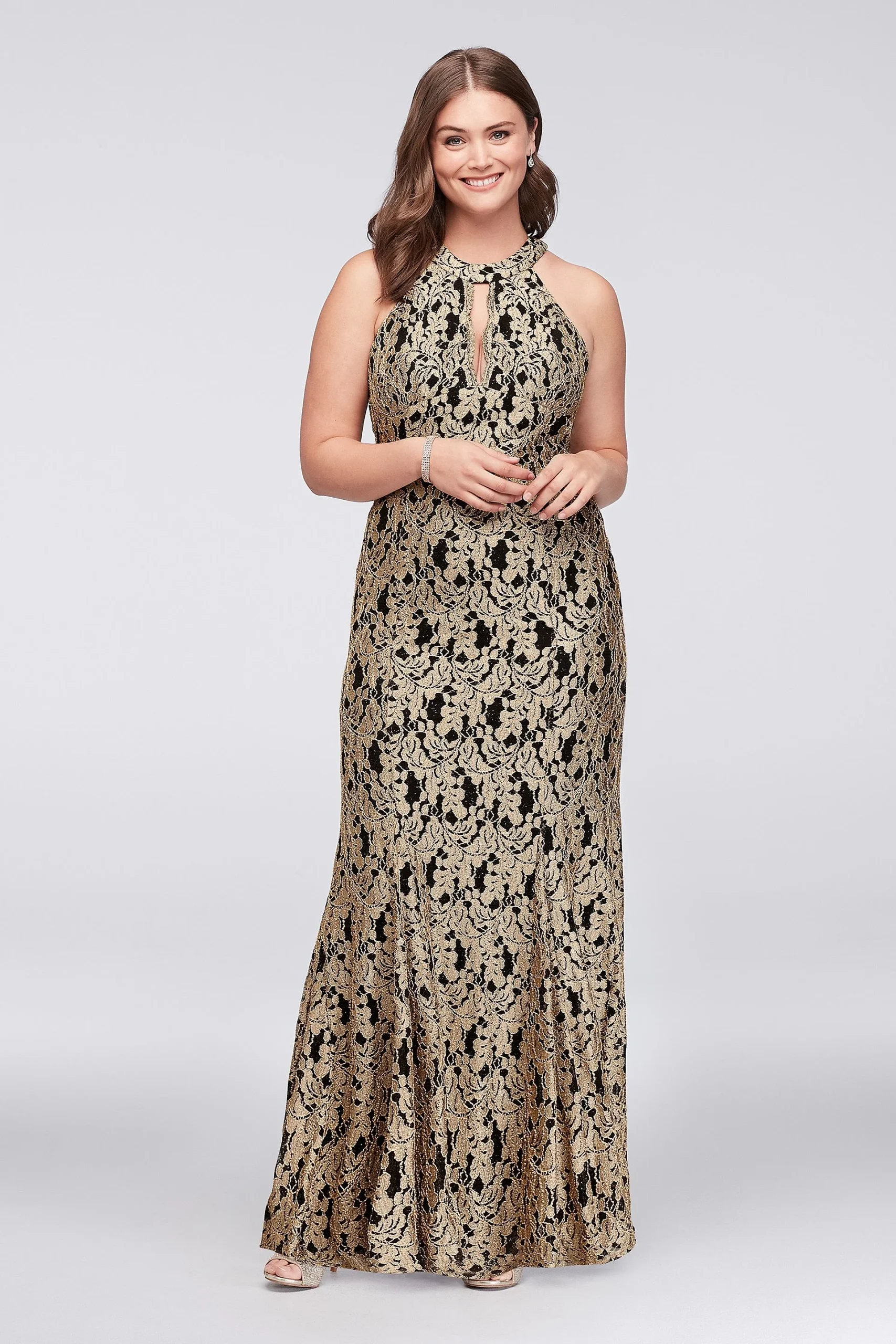 Gold Lace High-Neck Halter Mermaid Gown