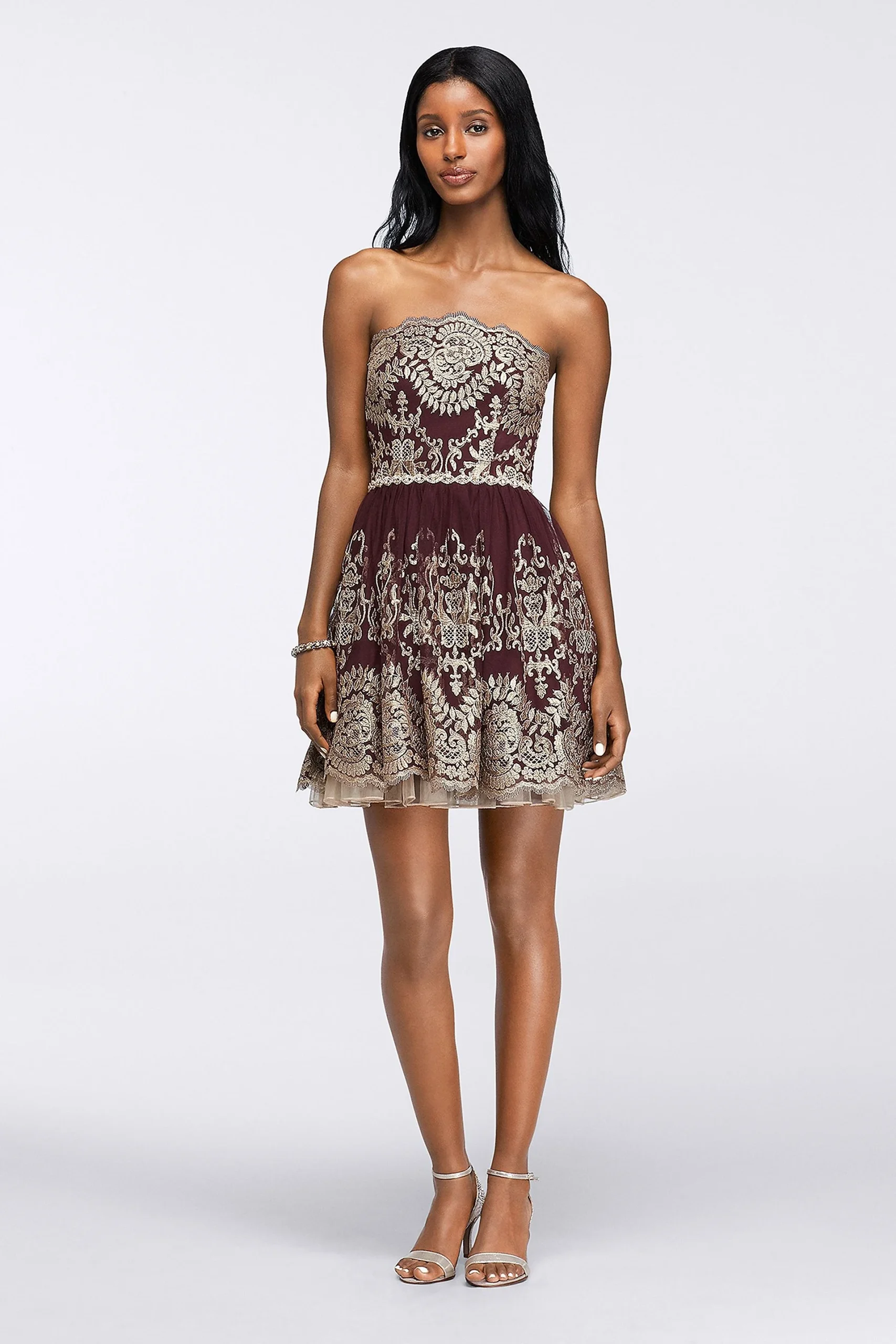 Gold Printed Strapless Homecoming Dress
