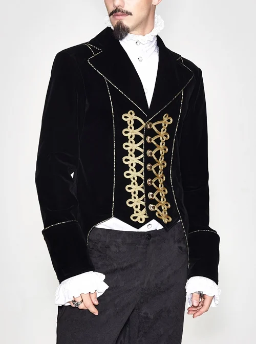Golden Disc Flowers Decorated Buckle Hand-Embroidered Gothic Flower Black Men Coat