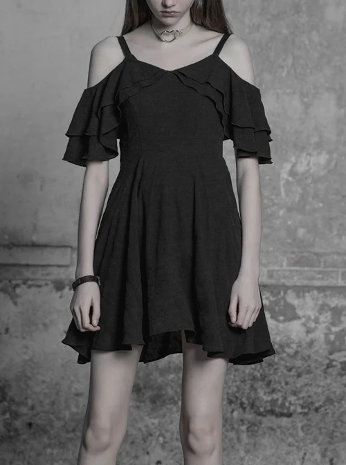 Gothic Black Chiffon Leather Sling Ruffle Sleeve Dress